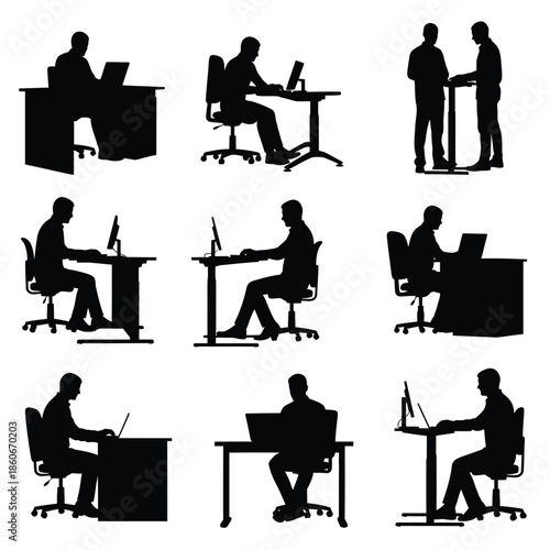 Silhouettes of people working at desks in various office settings and interacting with each other