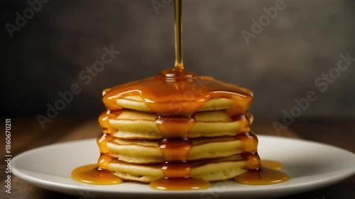 Fluffy pancakes with syrup drizzle, Stack of fluffy pancakes drizzled with syrup on a white plate
