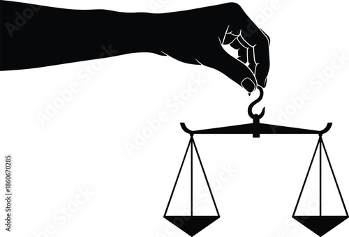 Human hand holding justice scales silhouette symbolizing law, balance, fairness, equality, legal system, ethics, and judicial decision making concept