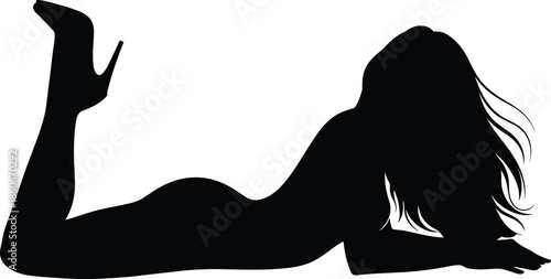 Elegant female silhouette reclining on floor in artistic pose, minimalist black and white illustration representing beauty, relaxation, fashion, and sensual design