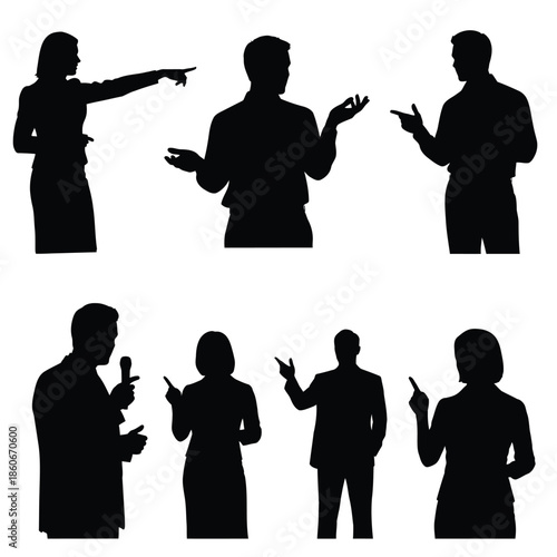 Group of people silhouetted against a white background engaged in various discussions and interactions