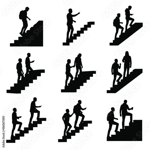Silhouettes of people climbing stairs in various poses and interactions