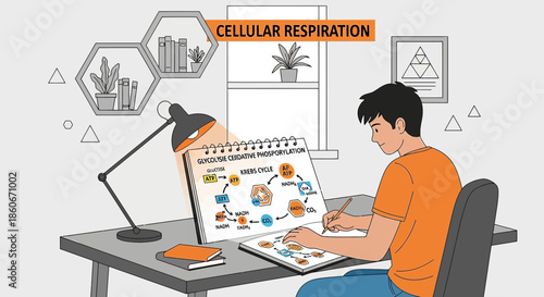 Illustration of a student studying cellular respiration process with diagram at desk indoors