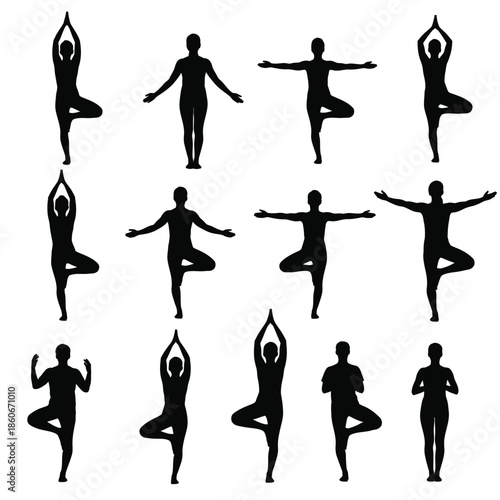 Silhouettes of people practicing yoga in various poses against a white background