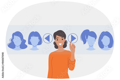 Virtual hairdresser with ability to choose hairstyle and hair styling style through digital panel. Girl visitor to futuristic hairdressing salon smiles, using technology to try on hairstyle on head