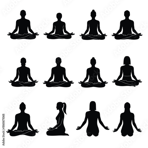 Silhouettes of people meditating in various poses on a white background