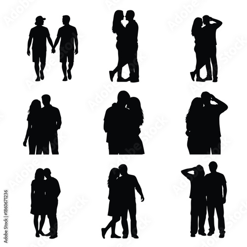 Silhouettes of couples in various poses and interactions, showcasing different relationships and emotions against a plain background