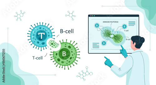 Illustration of an Immunologist Explaining T-Cells and B-Cells for Medical Education Purposes