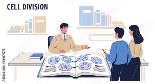 Illustration of Cell Division Processes with a Teacher Explaining Mitosis and Meiosis to Students