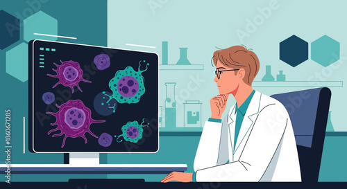 Illustration of medical research scientist examining microscopic virus, cell structure