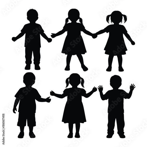 Children standing together in various poses, silhouetted against a plain background, showcasing diverse gestures and youthful energy.