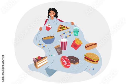 Problem of gluttony and overeating in woman, addicted to junk food and soda that destroys health. Girl suffers from gluttony due to psychological trauma or compulsive personality disorder