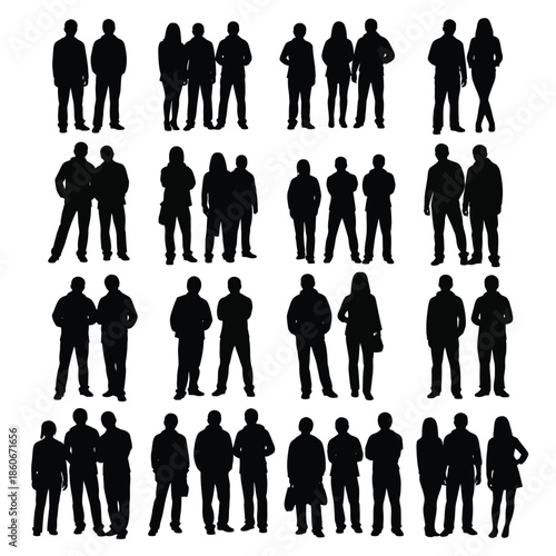 A collection of people silhouettes standing in various poses and arrangements