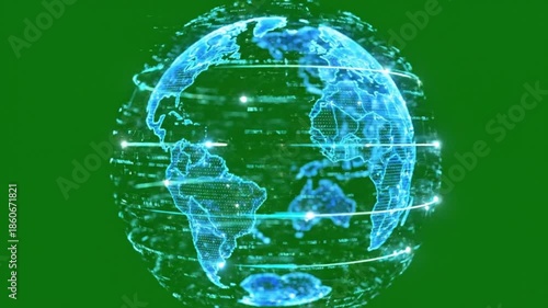 Rotating digital globe with circuit board design on green