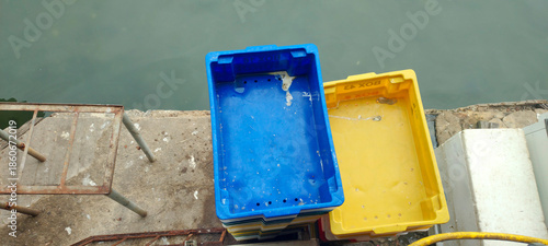 Fish market birds heron fish container viewpoint pattern city village bay beach sea lake water sky clouds landscape path parking square deck wood boat sailboat fishing boat motorboat vacation trip