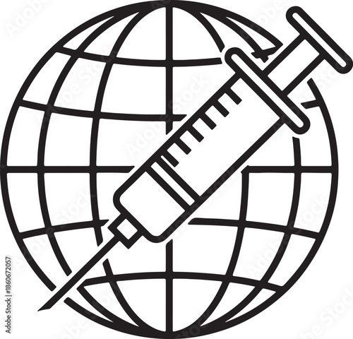 Black and white line of a syringe piercing a globe also transparent background needle injection medical