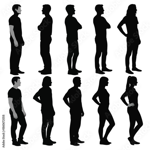 Silhouettes of diverse individuals standing in various poses against a white background