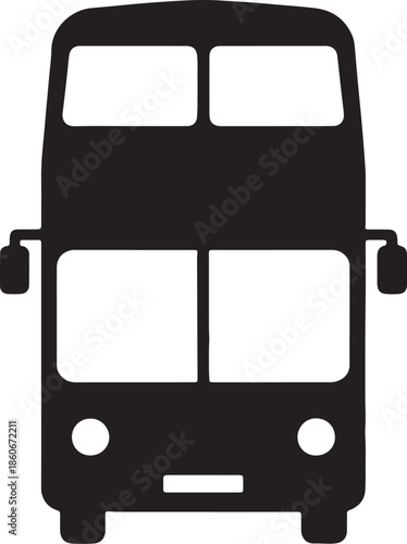 Black silhouette of a double decker bus front view with two levels of windows and circular headlights also transparent background