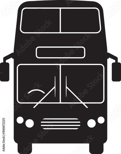 Black silhouette of a double decker bus front view with white outlines also transparent background