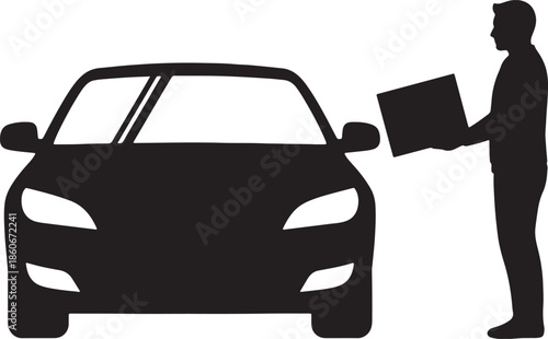 Black silhouette of a man holding a box next to a car also transparent background person