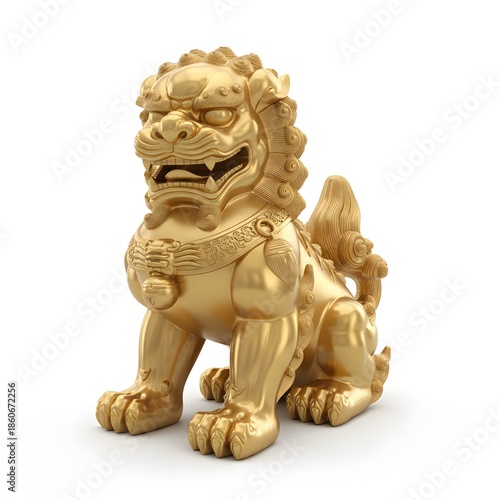 Wallpaper Mural Golden Guardian: A regal golden lion statue stands poised, its fierce gaze a symbol of protection, strength, and prosperity.  Its exquisite detail and lustrous finish command attention. Torontodigital.ca