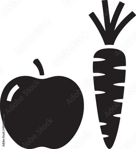 Black silhouette of an apple and a carrot on a white background also transparent background fruit vegetable
