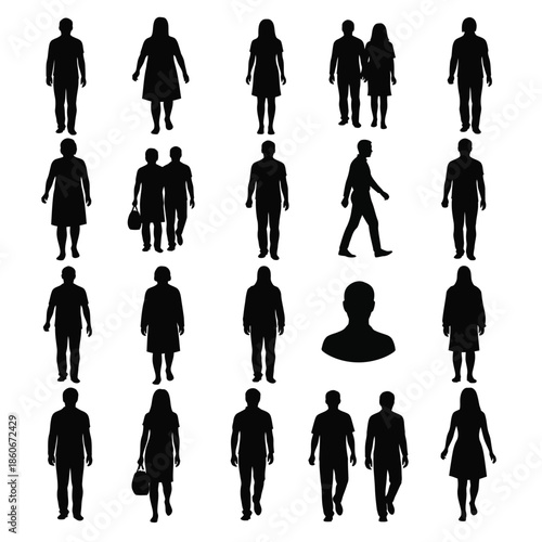 Collection of diverse people silhouettes in various poses and attire