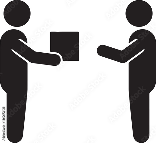 Two black silhouette figures exchanging a black square box against a white background also transparent background 1