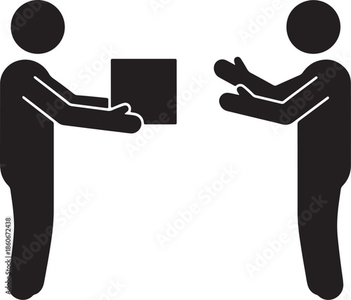 Two black silhouette figures exchanging a black square box against a white background also transparent background