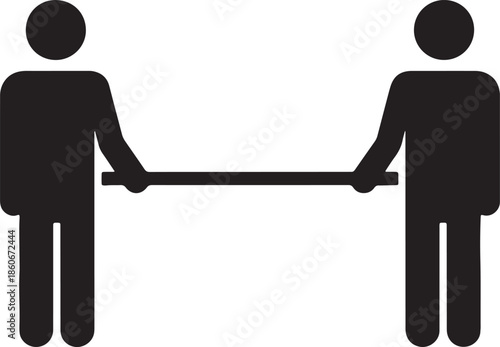Two black stick figures holding a horizontal bar between them on a white background also transparent background
