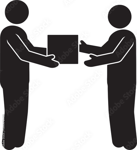 Two simplified figures exchanging a black square box against a white background also transparent background