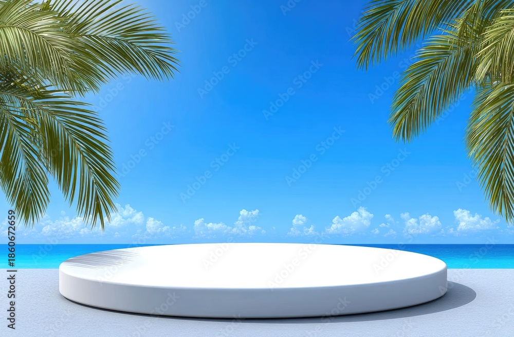 Obraz premium Coastal scene with white podium and palm trees for product display