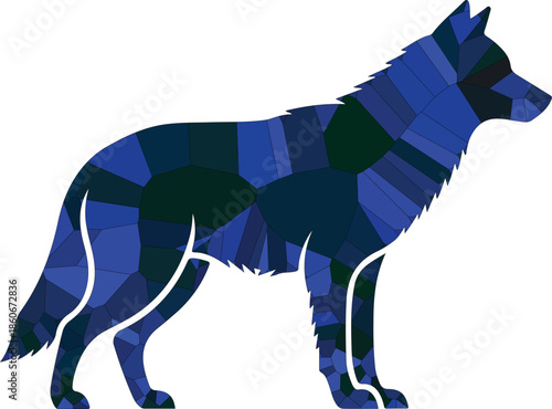 A black wolf silhouette running through nature from snowy land to desert, shown as a simple animal illustration