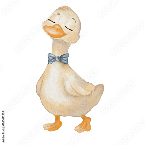 Cute watercolor duck wearing a bow tie on white background for postcards and wrapping designs