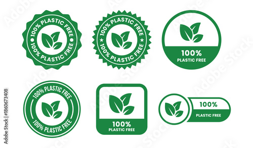 100 Percent Plastic Free Label and Icon Set with Zero Waste, Eco Friendly and Sustainable Packaging Badges in Black Line Flat Vector Style Isolated on White Background