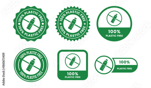 100 Percent Plastic Free Label and Icon Set with Zero Waste, Eco Friendly and Sustainable Packaging Badges in Black Line Flat Vector Style Isolated on White Background