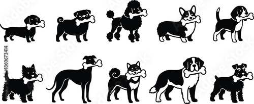Set of cute dog silhouettes holding bones, different breeds icons, black and white vector illustration collection for stock clipart design;