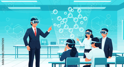 Immersive learning environment students experience molecules in virtual reality classroom setting