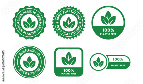 100 Percent Plastic Free Label and Icon Set with Zero Waste, Eco Friendly and Sustainable Packaging Badges in Black Line Flat Vector Style Isolated on White Background