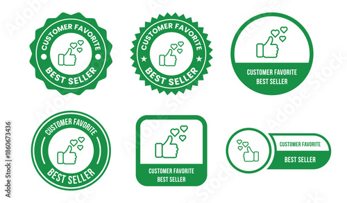 Customer Favorite and Best Seller Icon Set with Top Rated, Popular Choice and Award Badges in green Line Flat Vector Style Isolated on White Background
