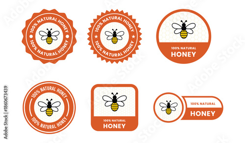 100 Percent Natural Honey Label Set with Organic, Pure and Raw Honey Badges in Black Line Flat Vector Style Isolated on White Background
