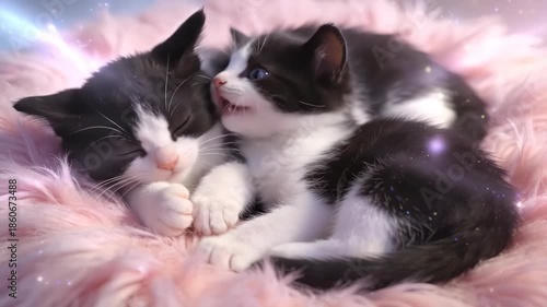 Black and white kitten cuddling sleeping soft curled kitten on fluffy pink blanket cuddling