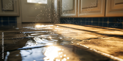 Water Leak on Kitchen Floor with Sunlight Reflection