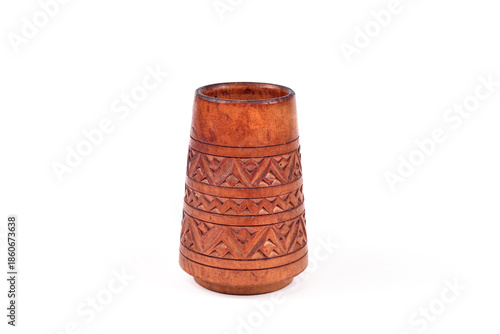Handcrafted vintage carved wooden small vase isolated on the white background