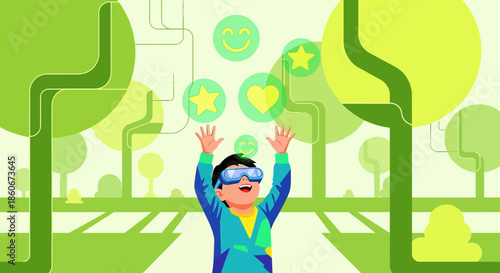 Immersive virtual reality experience in a vibrant green park for engaging digital interaction