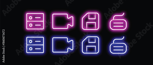 ​Set of Glowing Neon Technology Line Icons with Camera, Server, Floppy Disk and Computer Mouse on Black Background