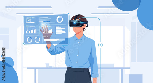 Immersive virtual reality interaction: Person manipulating data with VR headset in office setting