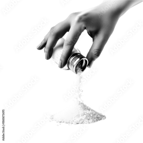 Hand pouring fine powder from a small bottle, halftone black-and-white illustration. Minimal retro style symbolizing flow, control, measurement, or loss isolated on white background.