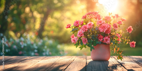 Blooming Pink Flowers in Pot on Sunlit Garden Table