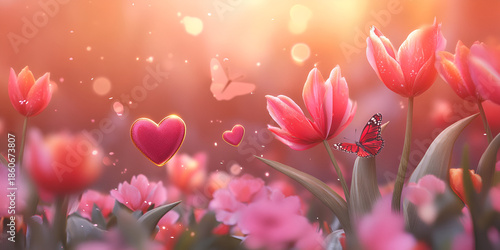 Romantic Tulip Flowers With Floating Hearts in Soft Light
